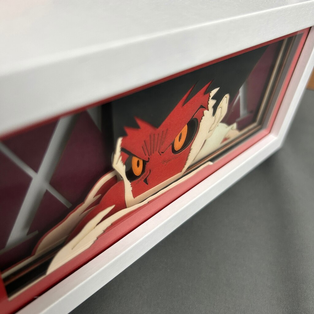 3/4 view of Gon Freecss paper lamp, showing artwork layers and cut details