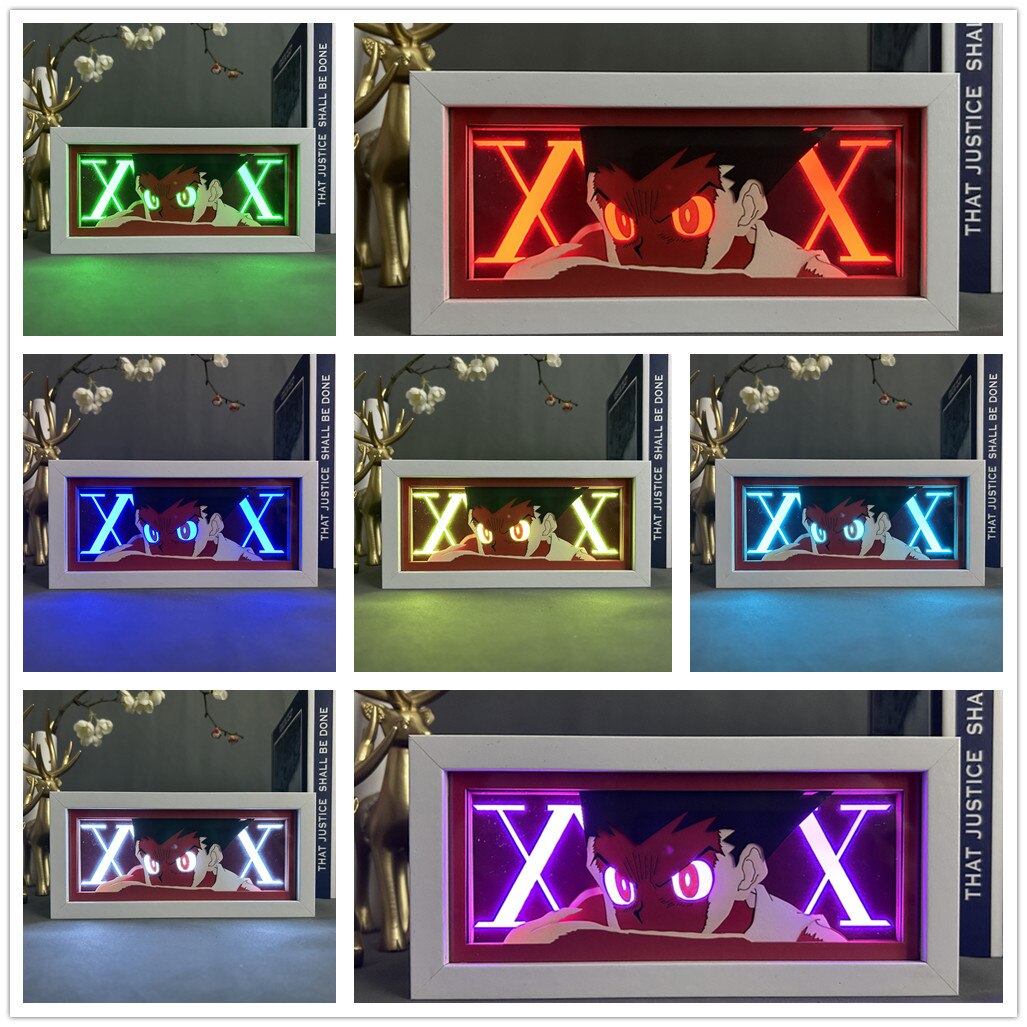 Multicolor Gon Freecss cut paper lamp showing 7 color setting options in a grid