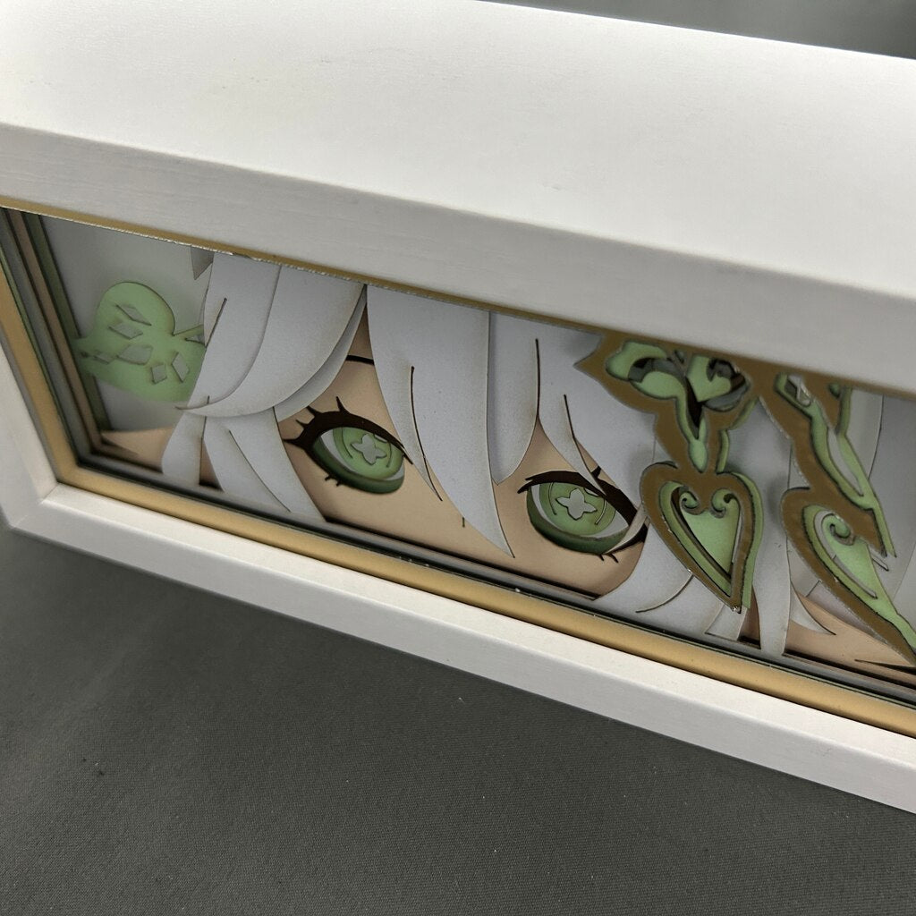 3/4 view of Nahida paper lamp, showing artwork layers and cut details
