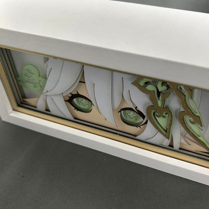 3/4 view of Nahida paper lamp, showing artwork layers and cut details
