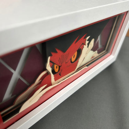 3/4 view of Gon Freecss paper lamp, showing artwork layers and cut details