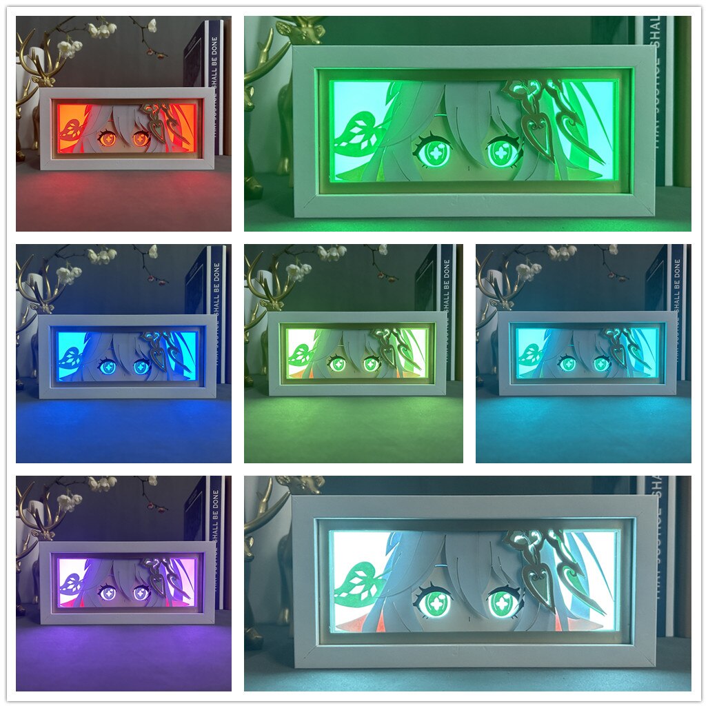 Multicolor Nahida cut paper lamp showing 7 color setting options in a grid