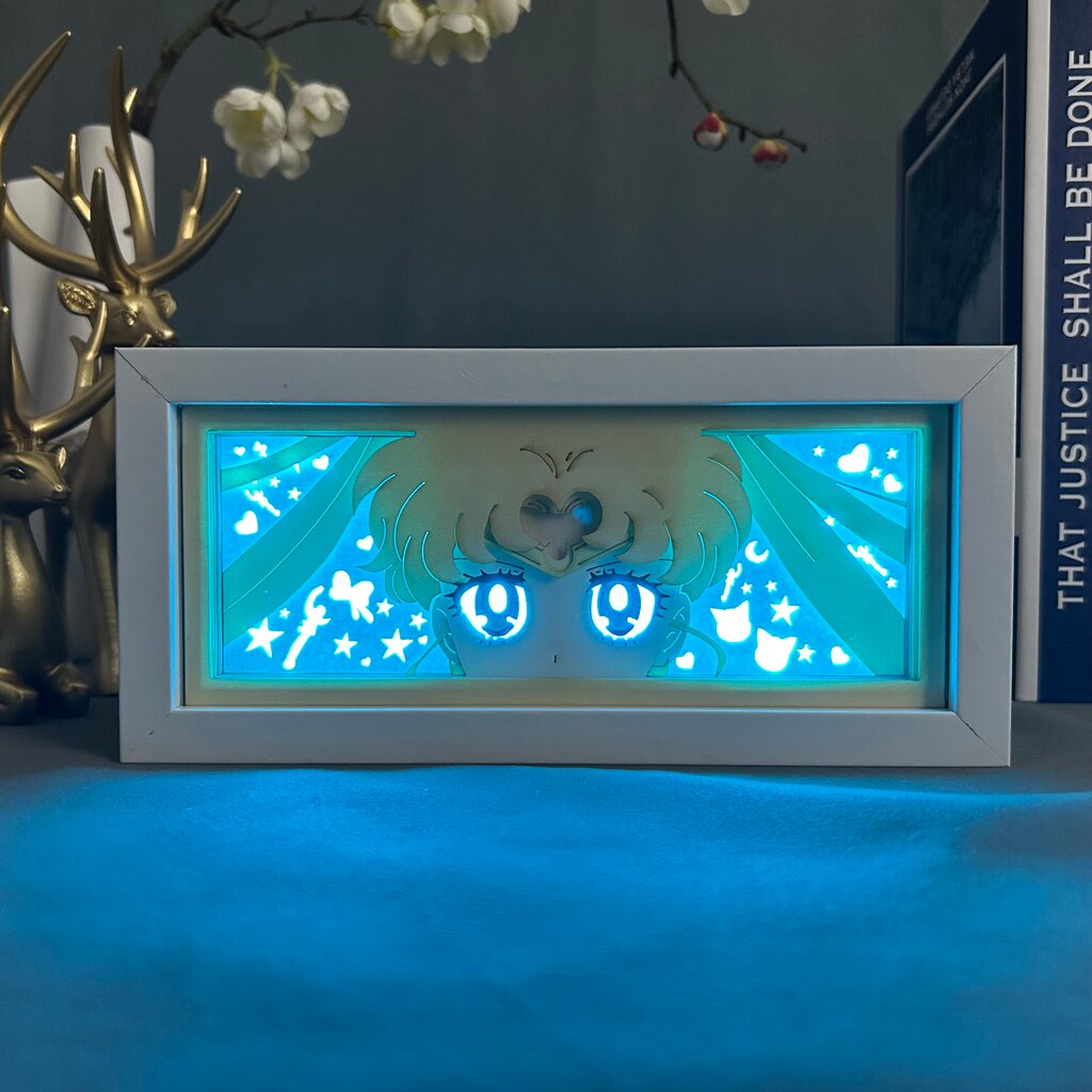 Layered cut paper lamp featuring Usagi Tsukino on cyan light setting